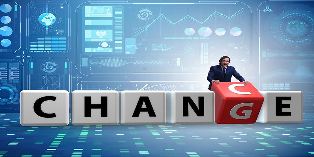 Businessman taking chance for change Photo of man standing behind letter dice turning the word change into chance